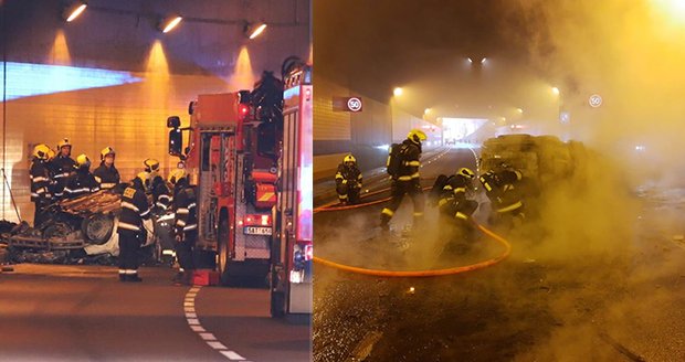 Nehoda policejního auta v Bubenečském tunelu (20. prosince 2020).