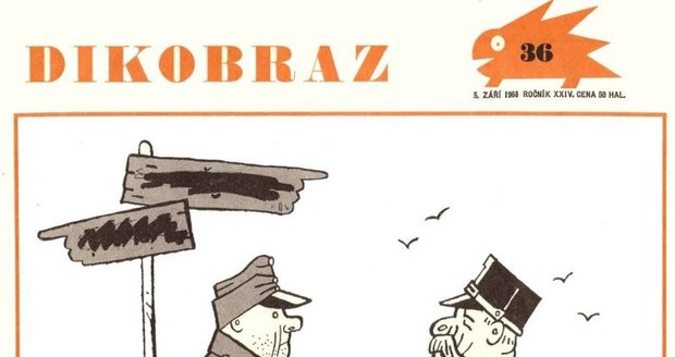Na aktuální dění statečně reagovali kreslíři v humoristickém časopise Dikobraz. Takto vypadala obálka z 5. září 1968.