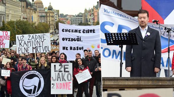 Demonstranti proti uprchlíkům, i jejich názoroví odpůrci. Oba tábory se sešly na Václavském náměstí jen pár metrů od sebe.