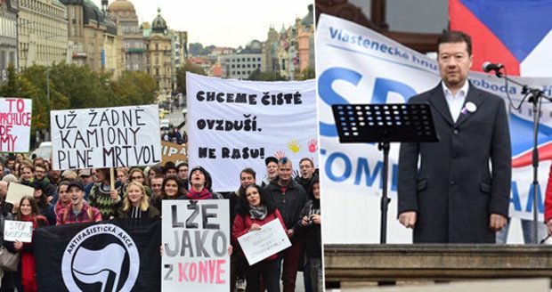 Okamura a Brichta na demonstraci proti uprchlíkům. A zasahovala policie