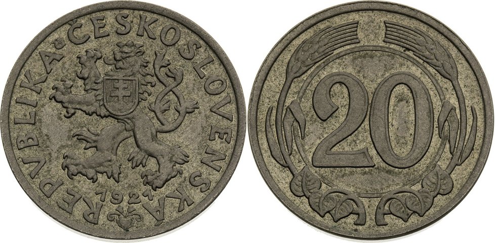 20haléř Zkušební mince byla vyražena roku 1921 a má hladkou hranu. Vyvolávací cena: 319 200 korun, prodáno za: 583 200 korun.