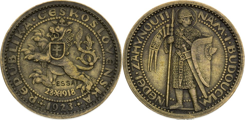 Dukát 1923 Dukát je zkušební ražby a pochází z roku 1923. Ražba proběhla v mincovně ve Francii v Paříži v počtu 20 ks bronzových a 2 ks ve zlatě. Vyvolávací cena: 106 400, prodáno za: 226 800 korun.
