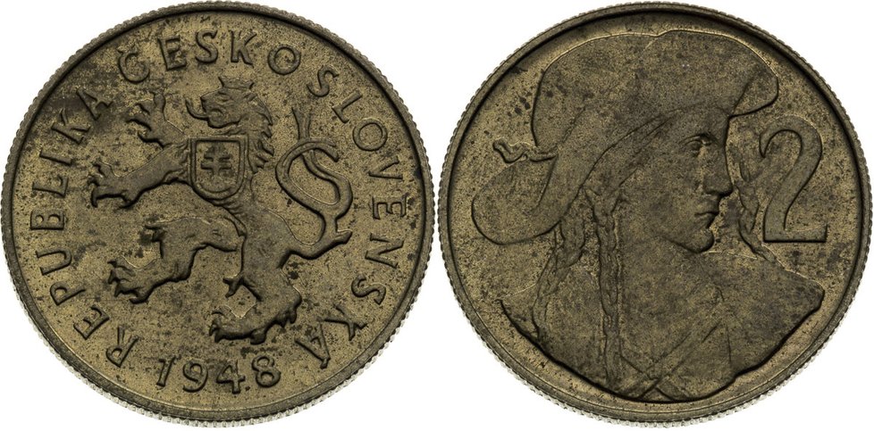 2 Kčs Mince pochází z roku 1948 a jde o zkušební dražbu na stanovení technických parametrů. Vyvolávací cena: 133 000 korun, prodáno za: 275 400 korun.