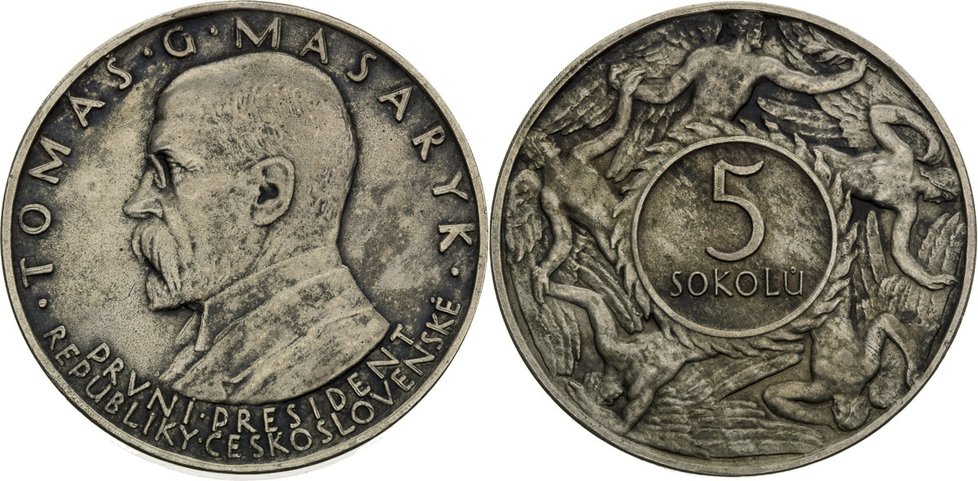 5 Sokolů Československá mince pochází ze zkušební ražby z roku 1920. Je vyrobena z niklu. Vyvolávací cena: 108 000 korun, prodáno za: 550 800 korun.