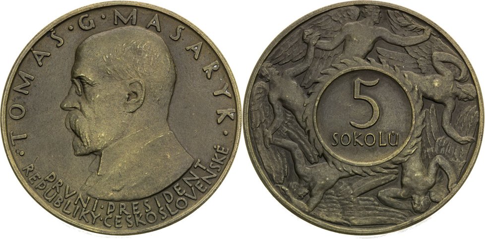 5 Sokolů Československá mince zkušební ražby, pochází z roku 1920 a je vyrobena z bronzu. Další kus se nachází pouze ve sbírce Národního muzea v Praze. Vyvolávací cena: 135 000 korun, prodáno za: 583 200 korun.