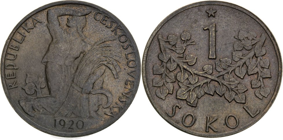 1 Sokol Mince pochází ze zkušební ražby roku 1920. Je vyrobena z pěkné patiny. Vyvolávací cena: 212 800 korun, prodáno za: 421 200 korun.