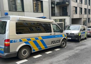Policejní auta v Grafické ulici v Praze. (10. března 2023)
