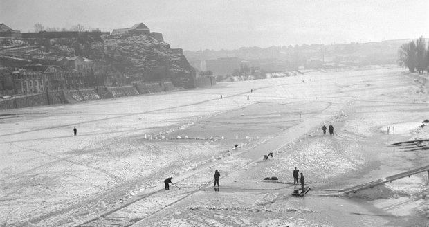 Těžba ledu na zamrzlé Vltavě v Praze roku 1939