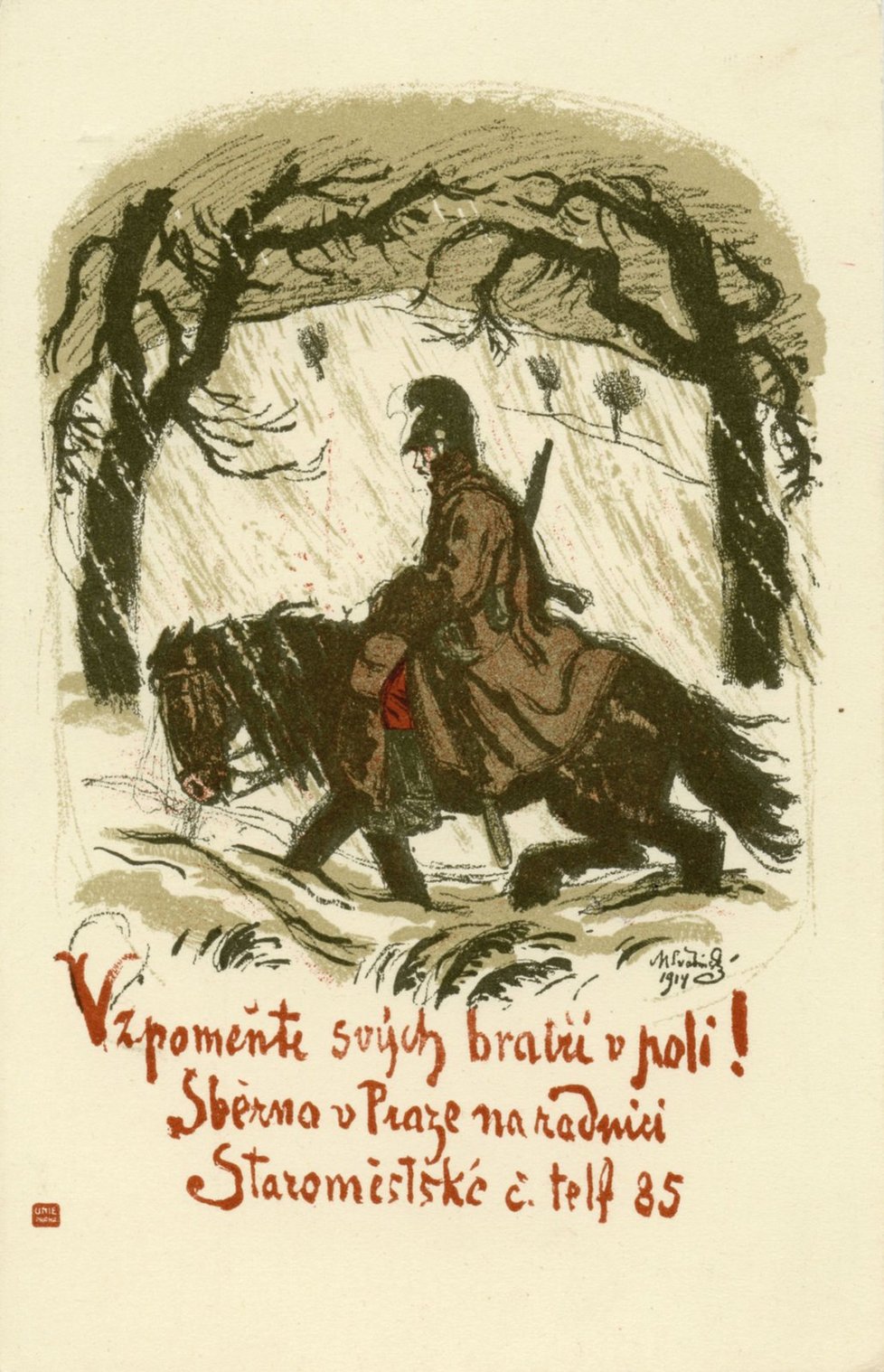 Pohlednice s litografií &#34;Vzpomeňte svých bratří v poli&#34;, Max Švabinský, 1914.