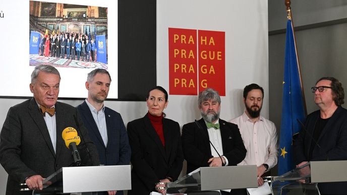 Tisková konference k roku práce pražské koalice za účasti členů Rady hl. m. Prahy včetně primátora, 26. února 2024, Praha.