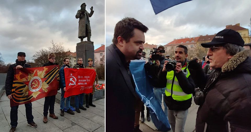 U sochy maršála Koněva v Praze 6 se 28. prosince 2019 sešli příznivci i odpůrci odstranění sochy.