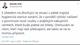 Pražský primátor Zdeněk Hřib (Piráti) oznámil nové omezení kvůli koronaviru. Svůj příspěvek na twitteru však smazal.