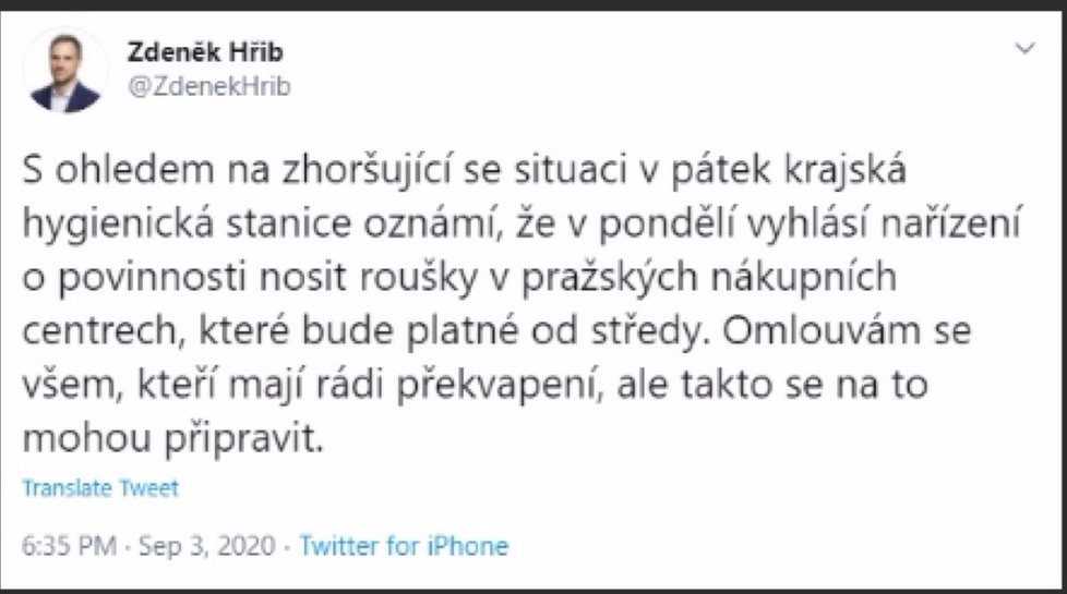 Pražský primátor Zdeněk Hřib (Piráti) oznámil nové omezení kvůli koronaviru. Svůj příspěvek na Twitteru však smazal.