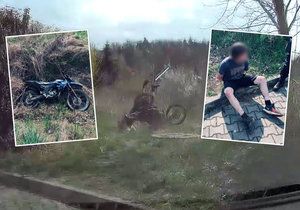 Policisté v Lipencích pronásledovali motorkáře, který nereagoval na výzvy k zastavení. V ulci Pod Lečí se vyboural a poranil na noze. (20. dubna 2021)