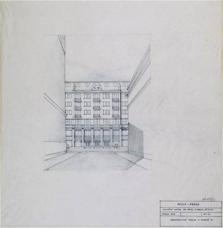 Hotel v proluce Myslbek z roku 1953 od Ladislava Machoně, Augusty Müllerové. Do ulice Ovocný trh měl směřovat zadní vstup pro politiky.