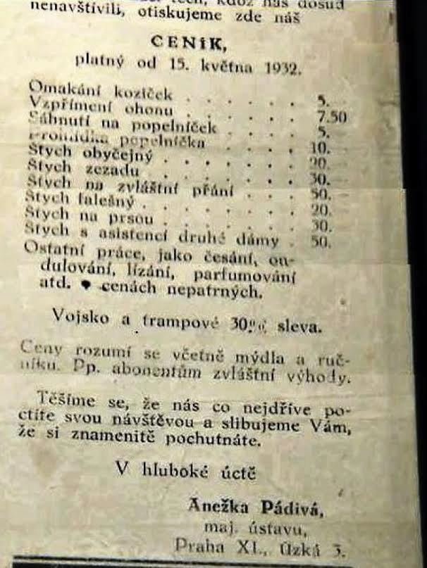 Jeden z ceníků služeb nevěstince z roku 1932, který koluje na sociálních sítích.