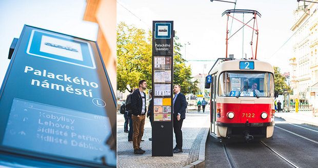 Nová podoba pražských zastávek: Na Palackého náměstí testují označník s elektronickou tabulí