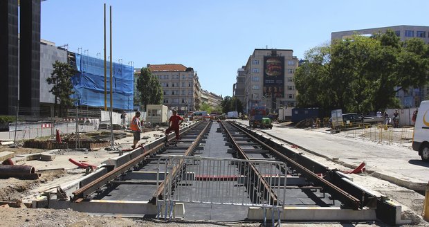 Staronové koleje mezi budovami Národního muzea.