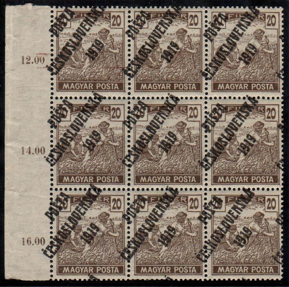 Nejdražší český blok tzv. devítiblok 20 filérovky Magyar Posta. Tato původně maďarská známka s přetiskem POŠTA ČESKOSLOVENSKÁ 1919 se mezi sběrateli těší značné oblibě. Ta je dána zejména velmi nízkým nákladem 100ks.