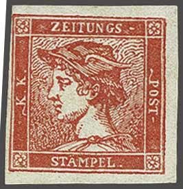 Rumělkový merkur (Rakousko 1856) je tradičně nejdražší a nejslavnější rakouská (a tedy i Česká) známka.
