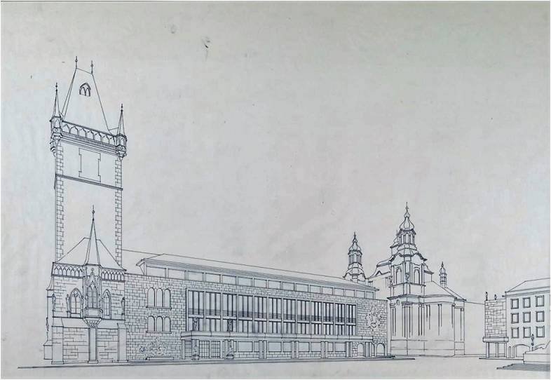 Dostavba Staroměstské radnice z roku 1947 od Ferdinanda Fencla