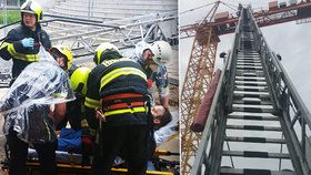 Pražští hasiči mají na kontě nový netradiční zásah. V Praze 10 snesli na zem jeřábníka, kterému se udělalo v kabině špatně.
