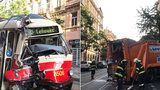 Popeláři se na Vinohradech srazili s tramvají. Kvůli nehodě byl přerušený provoz 