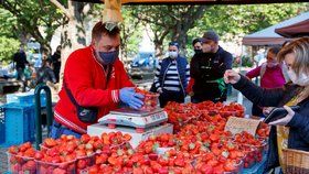V sobotu 16. května přišli lidé nakoupit čerstvou zeleninu a ovoce na Farmářské trhy na Kulaťáku. Po celou dobu měli na obličejích roušky.