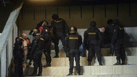 Policisté odvádí výtržníky ze stadionu na Letné. (ilustrační foto)