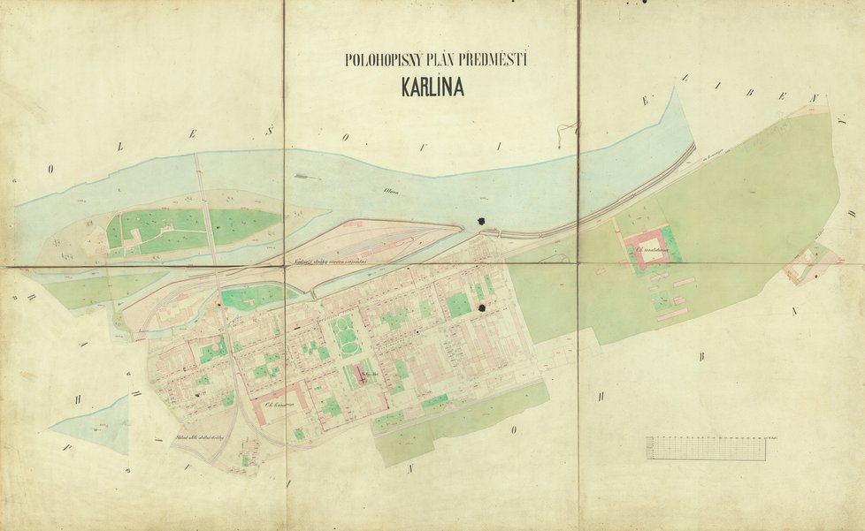 Po roce 1875: Polohopisný plán předměstí Karlína.