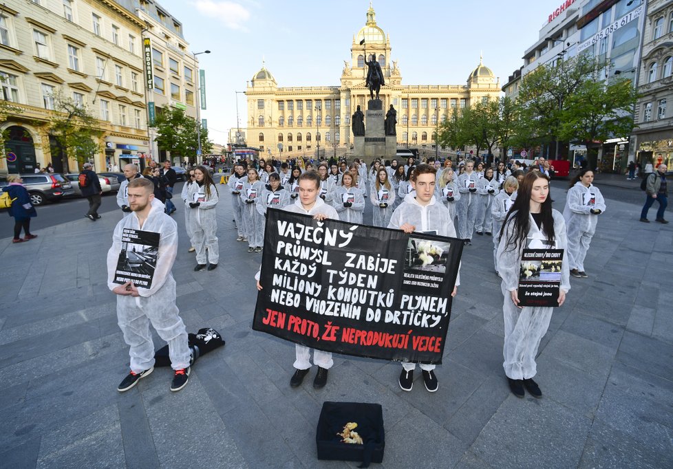 Na Václavském náměstí demonstrovali lidé v souvislosti s Velikonocemi. Tichým protestem upozorňovali na kruté zacházení s drůbeží při produkci vajec.