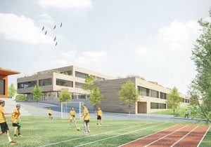 Takto by měla podle vítězného návrhu vypadat nová škola v Říčanech. Otevřít by se mohla již v roce 2023.