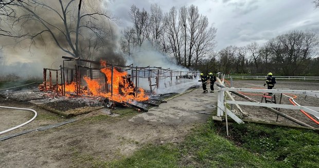 Požár stájí na Císařském ostrově v Praze. (11. dubna 2023)