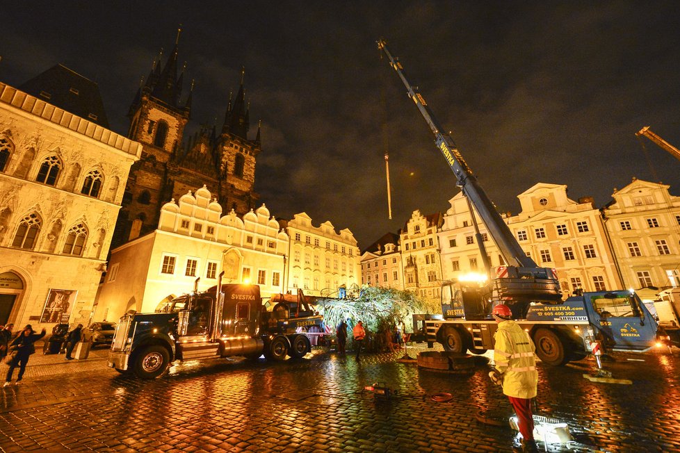 Usazení vánočního stromu na Staroměstském náměstí v Praze