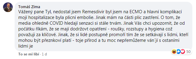 Vzkaz z profilu rektora Tomáše Zimy na Facebooku.