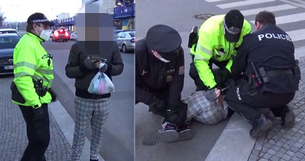 Zákrok městské policie proti muži bez respirátoru, 9. března 2021.