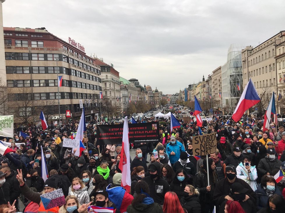 Na Václavském náměstí se shromáždil dav lidí, který protestuje proti vládním opatřením kvůli koronaviru. (17.11. 2020)