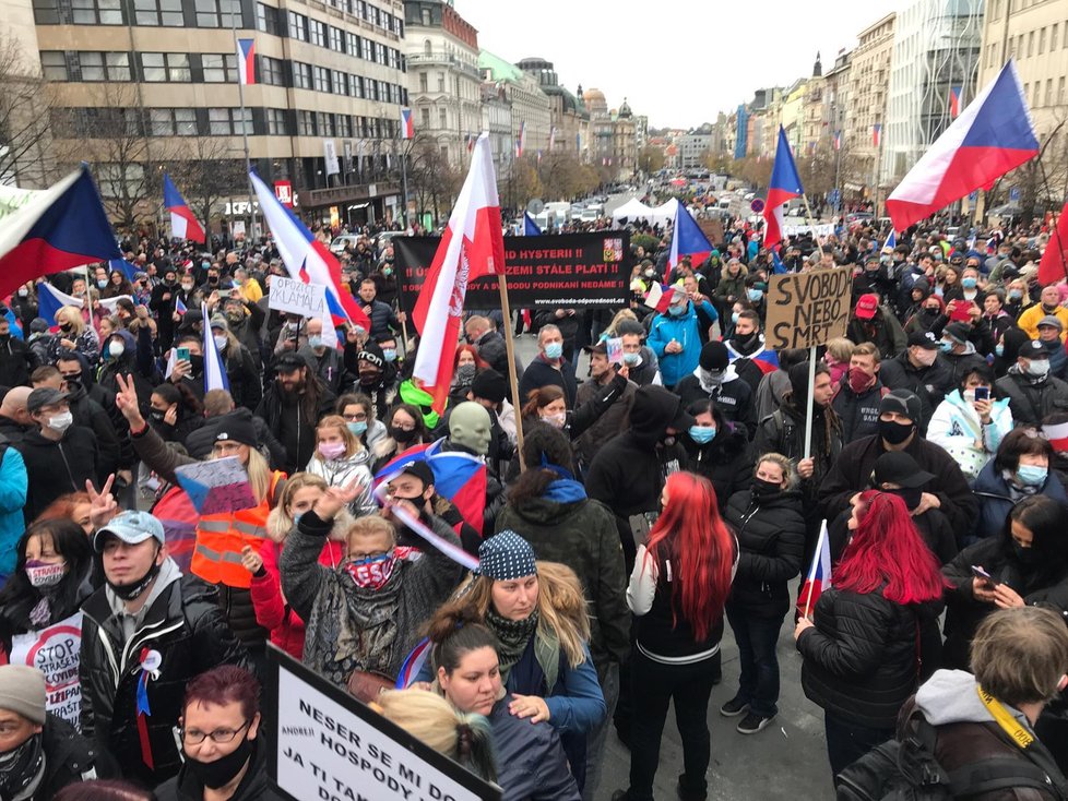 Na Václavském náměstí se shromáždil dav lidí, který protestuje proti vládním opatřením kvůli koronaviru. (17.11. 2020)