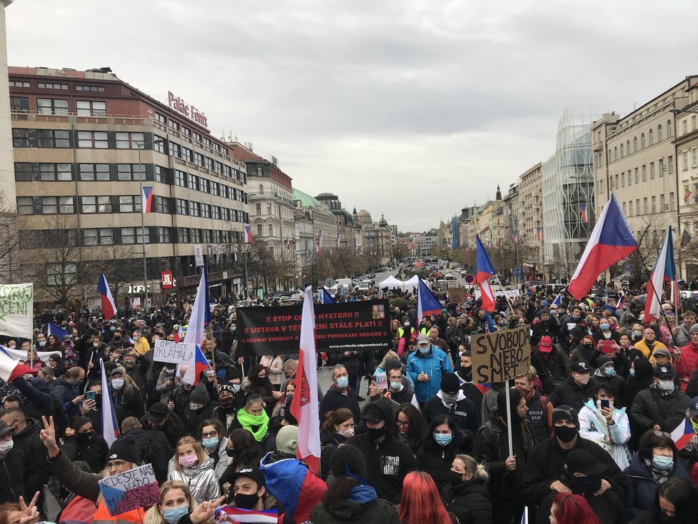 Na Václavském náměstí se sešli lidé, kteří protestovali proti vládním nařízením. (17.11. 2020)