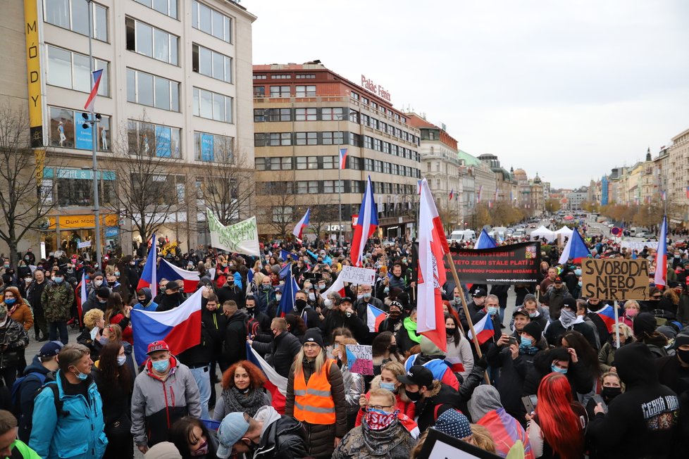 Na Václavském náměstí se sešli lidé, kteří protestovali proti vládním nařízením. (17.11. 2020)