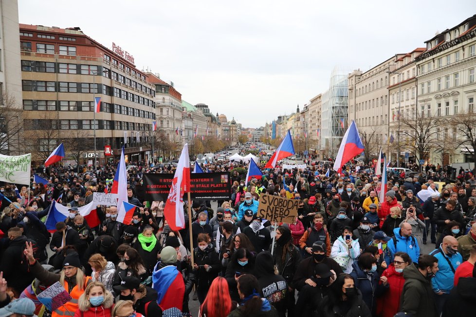 Na Václavském náměstí se sešli lidé, kteří protestovali proti vládním nařízením. (17.11. 2020)