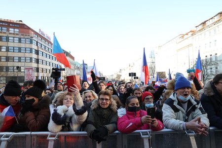 Demonstrace proti koronavirovým restrikcím na Václavském náměstí.