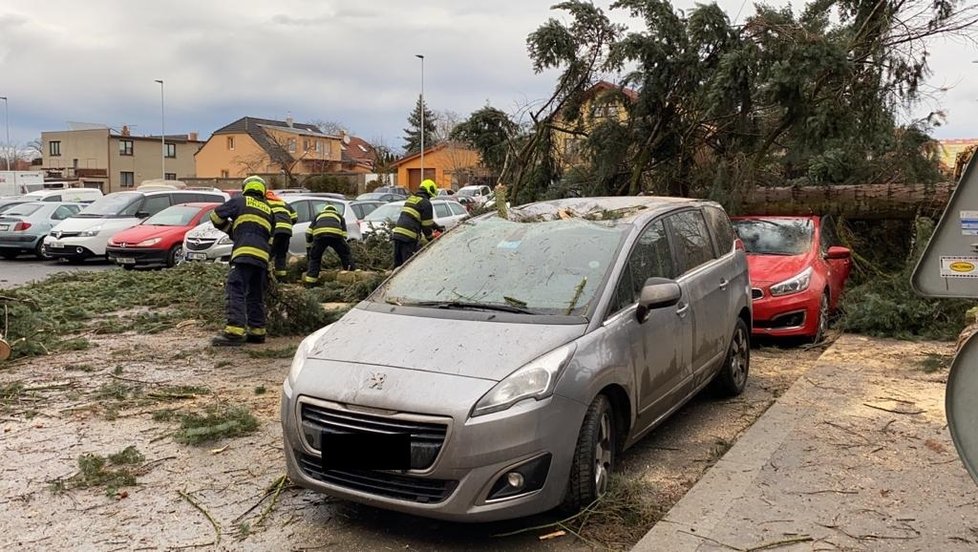 28. ledna spadl kvůli silnému větru na auta v Bohnicích strom. Hasiči řešili desítky případů.