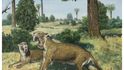 Thylacosmilus atrox. 1980. [Thylacosmilus atrox – 1023] Olej, plátno, 120 × 100 cm, Safari Park Dvůr Králové. Expozice „Vývoj života na Zemi“ ve Východočeské zoologické zahradě