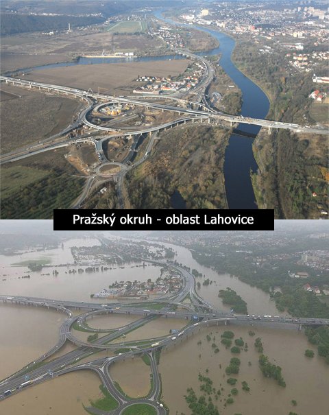 Pražský okruh - oblast Lahovice: Před potopou a během záplav 2013. Zhruba takto to vypadalo i v roce 1872.