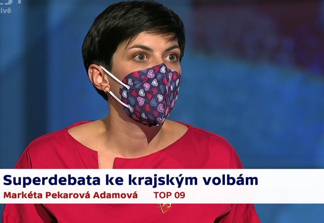 Předsedkyně Markéta Pekarová Adamová (TOP 09) během předvolební debaty v ČT (1. 10. 2020)