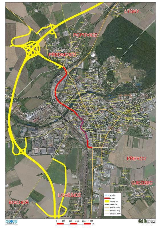 Dálnice D1 kolem Přerova je na mapě vyznačena žlutě.