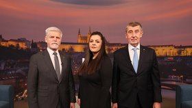 Souboj titánů v Blesku: Superdebata prezidentských kandidátů před 2. kolem voleb. Na snímku generál Petr Pavel a expremiér Andrej Babiš, (19.01.2023).