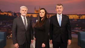 Souboj titánů v Blesku: Superdebata prezidentských kandidátů před 2. kolem voleb. Na snímku generál Petr Pavel a expremiér Andrej Babiš, (19.01.2023).