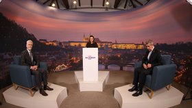 Souboj titánů v Blesku: Superdebata prezidentských kandidátů před 2. kolem voleb. Na snímku generál Petr Pavel a expremiér Andrej Babiš, (19.01.2023).